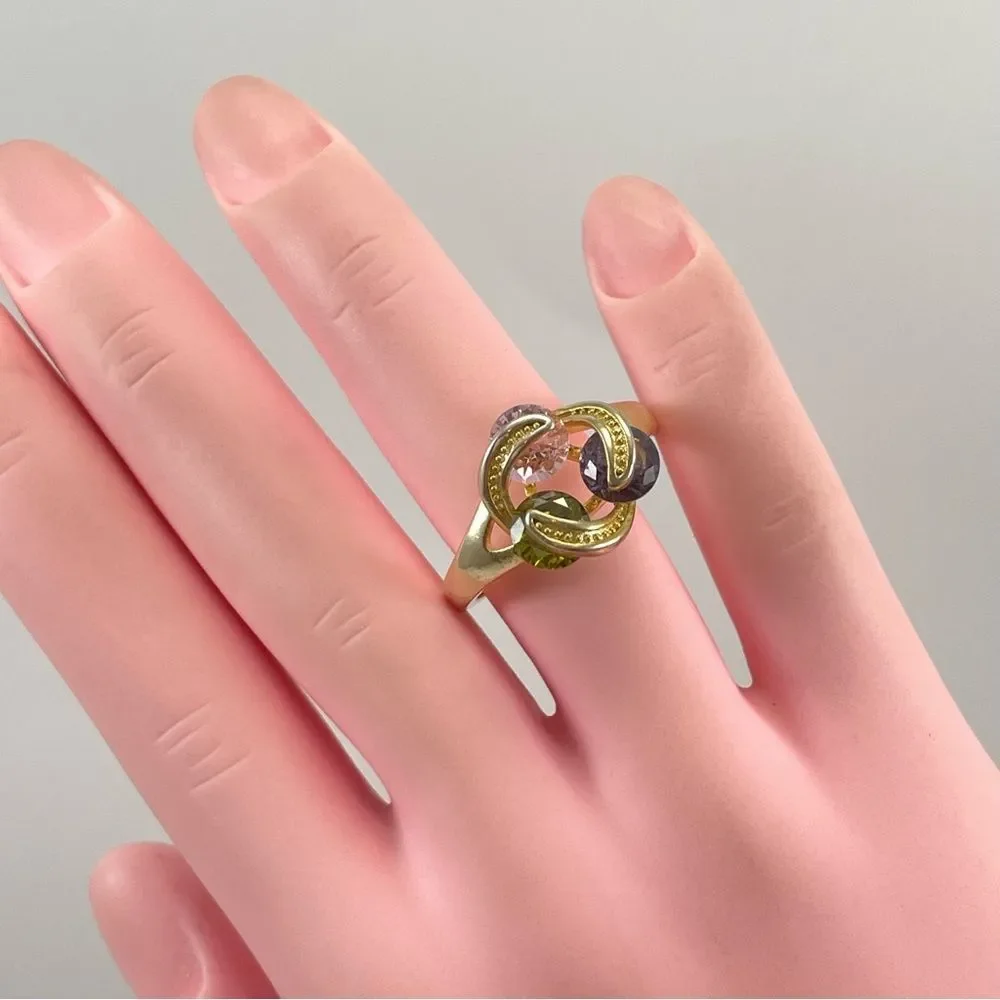 925 Sterling Silver Gold Plated Multi-Color Swarovski Crystal Gemstone Ring Sz 9